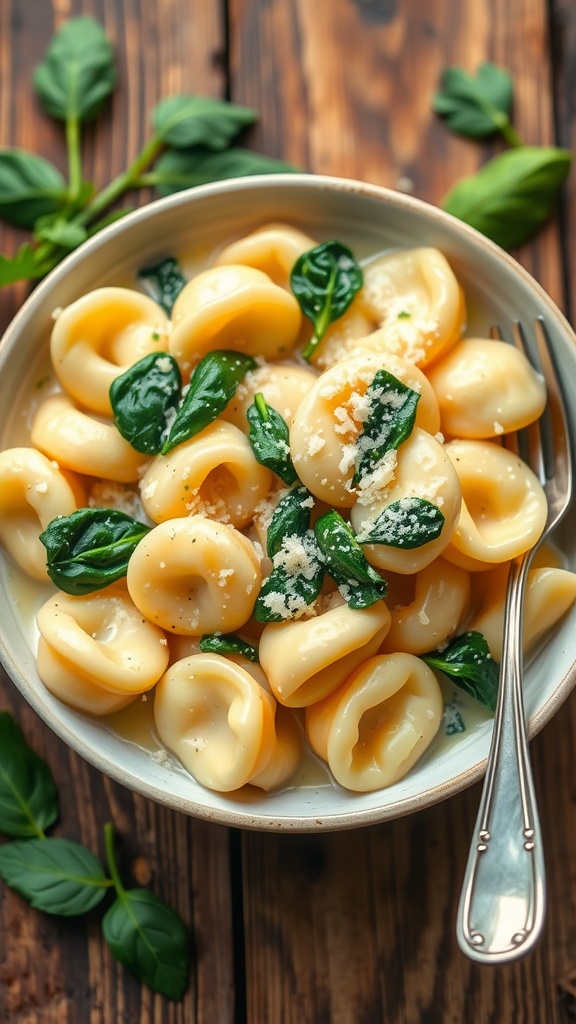 A bowl of creamy garlic tortellini with spinach and Parmesan, served on a rustic table.